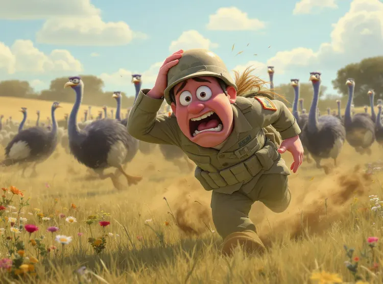 militaire qui fui devant des émeus