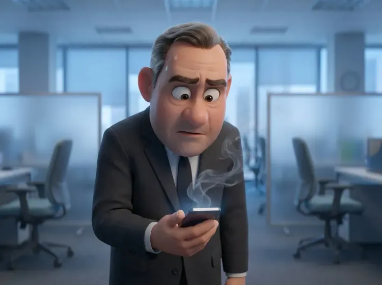 personnage en costume avec un smartphone qui brule