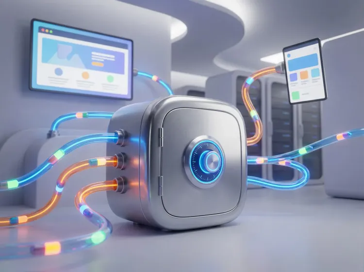 un coffre fort futuriste connecté a plusieurs canaux numériques