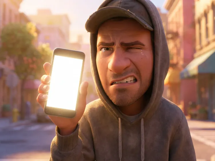 Homme luttant avec son smartphone en plein soleil