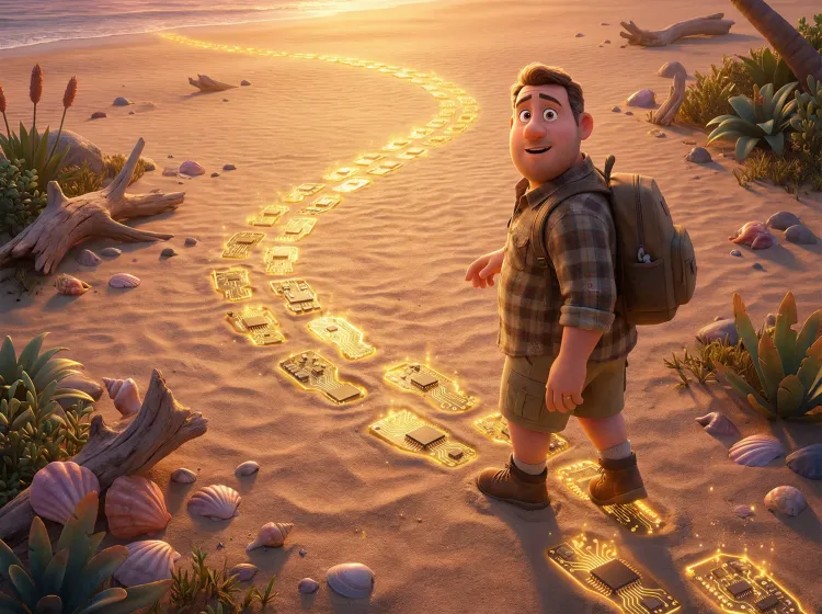 Empreintes de pas lumineuses sur une plage de sable