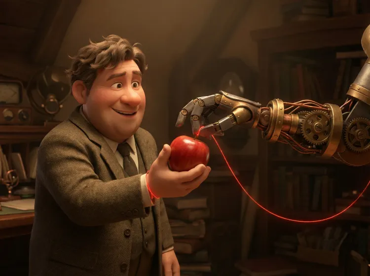 Échange singulier: Humain donne pomme à robot, qui le lie