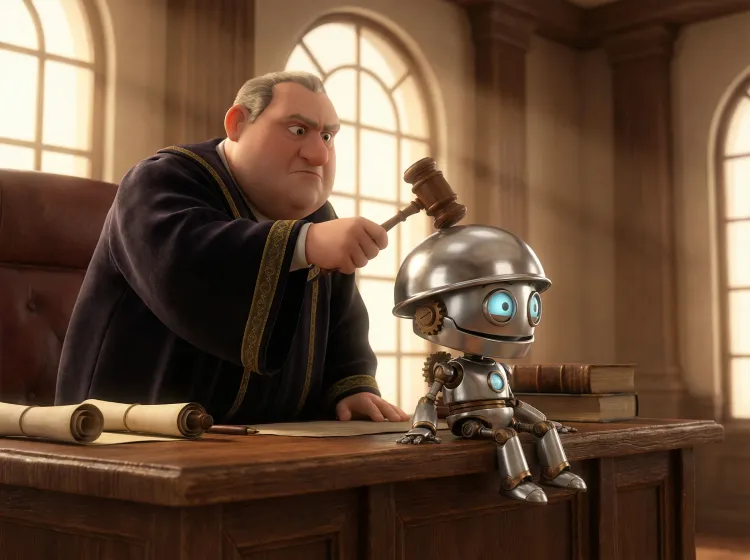 Juge frappe un robot de son marteau sur un bureau