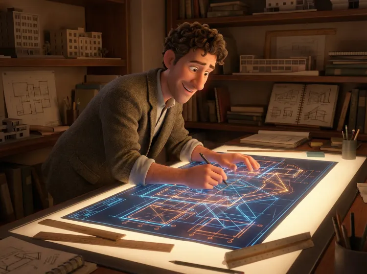 Architecte sur table lumineuse : plan structuré