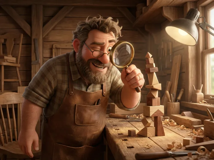 Artisan à la loupe inspectant des blocs de bois