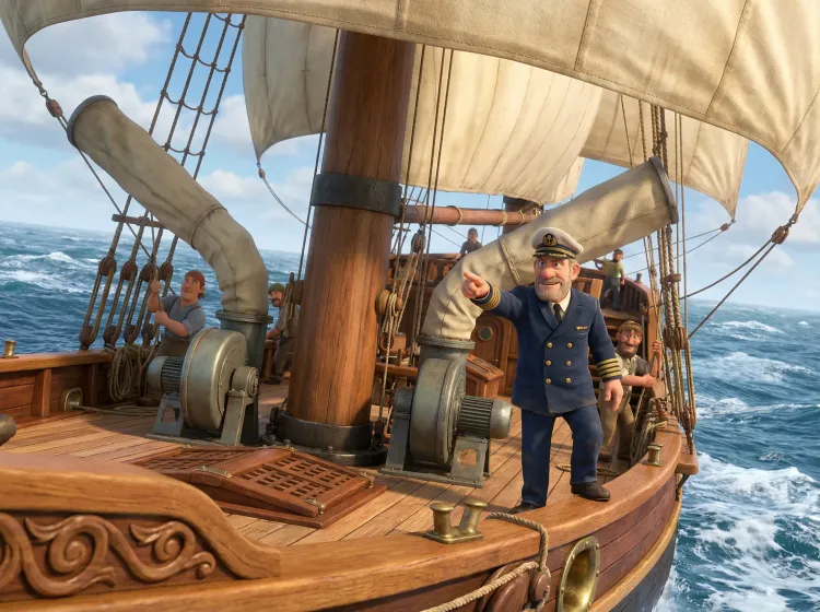 Officier navigant, voiles gonflées par souffleurs
