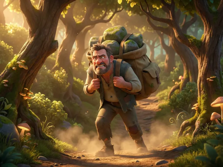 Homme avec sac à dos lourd, chemin de terre