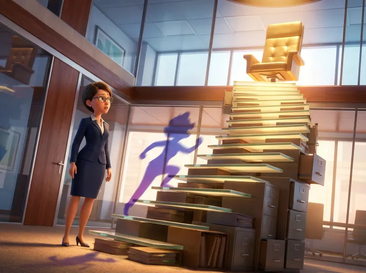 Femme devant un escalier infranchissable, ombre menaçante