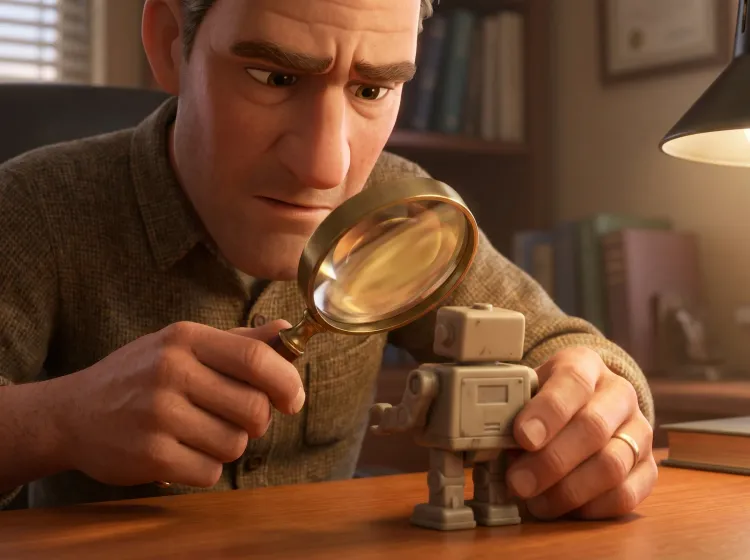 Examen minutieux d'un robot jouet à la loupe
