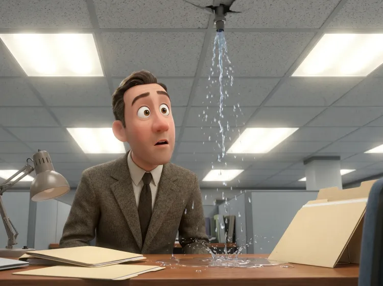 Fuite d'eau au bureau: homme stupéfait