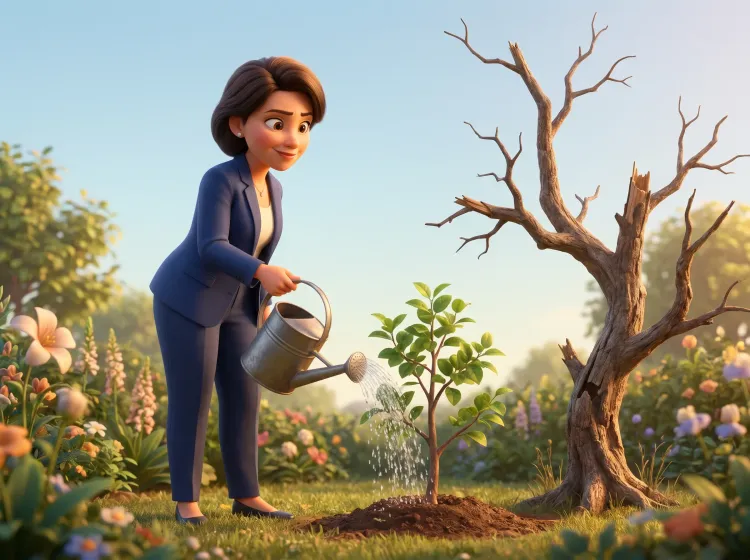 Femme arrosant jeune arbre, arbre mort à côté.