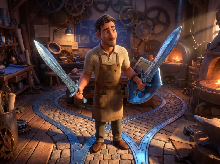 Homme avec bouclier-épée face à deux chemins