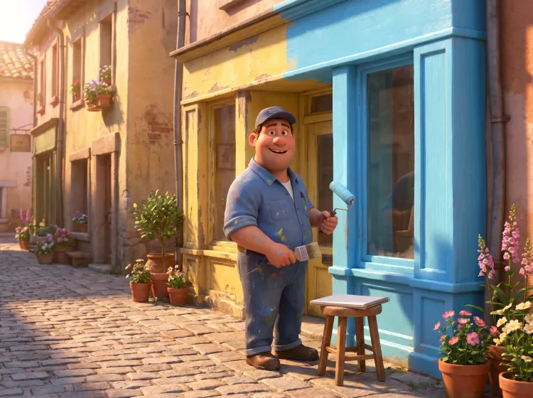 Artisan repeignant une façade baignée de soleil