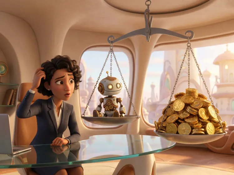 Décision : robot vs argent, femme perplexe