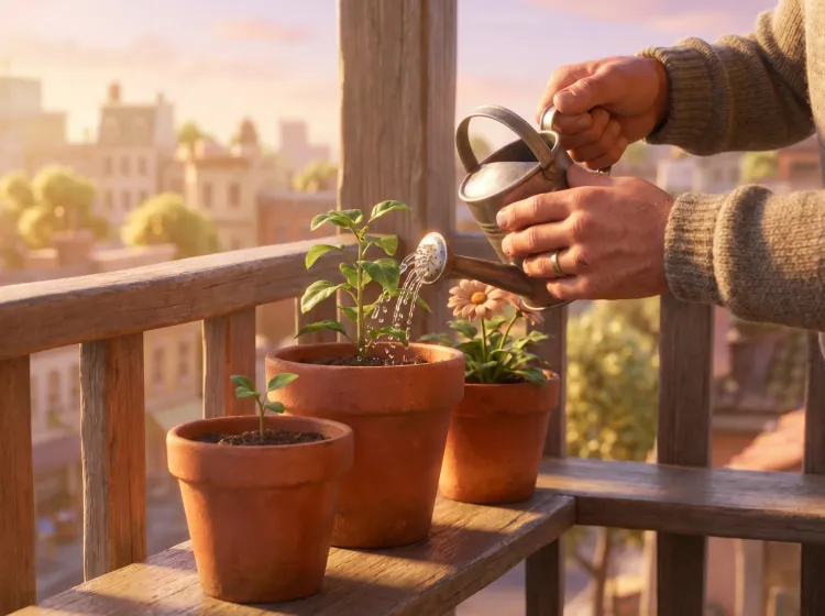 Arrosage matinal de plantes en pot sur un balcon