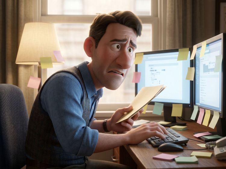 Homme au bureau multi-écrans, dossier et clavier