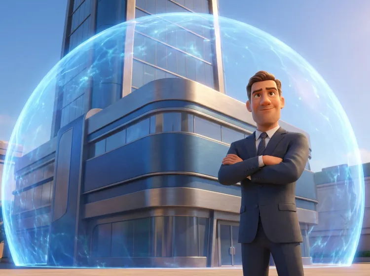 Homme confiant devant un bouclier technologique lumineux