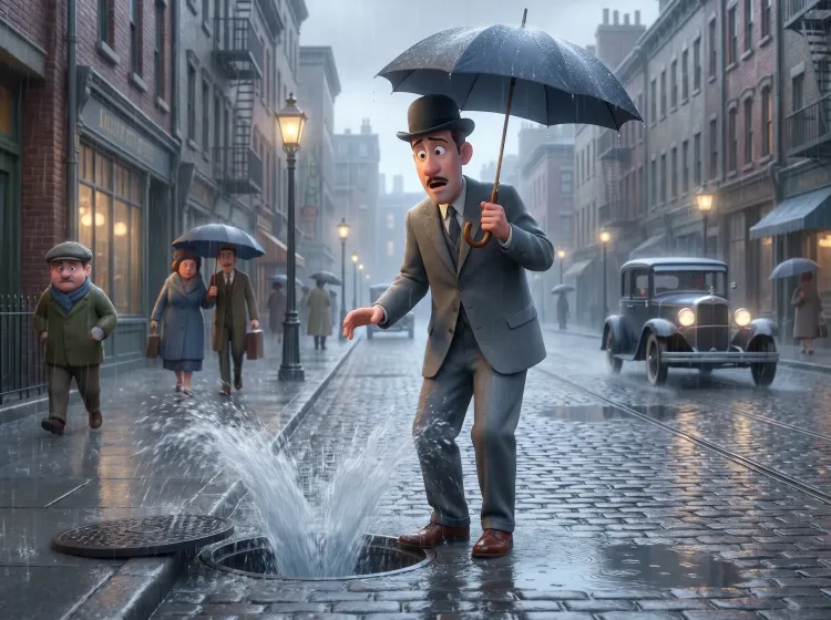 Homme surpris par l'eau jaillissant du sol sous la pluie