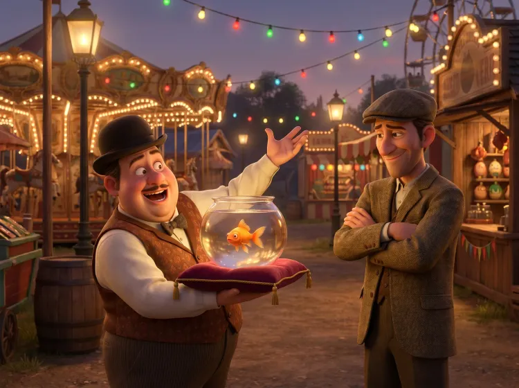 Vendeur et homme devant un poisson rouge en foire