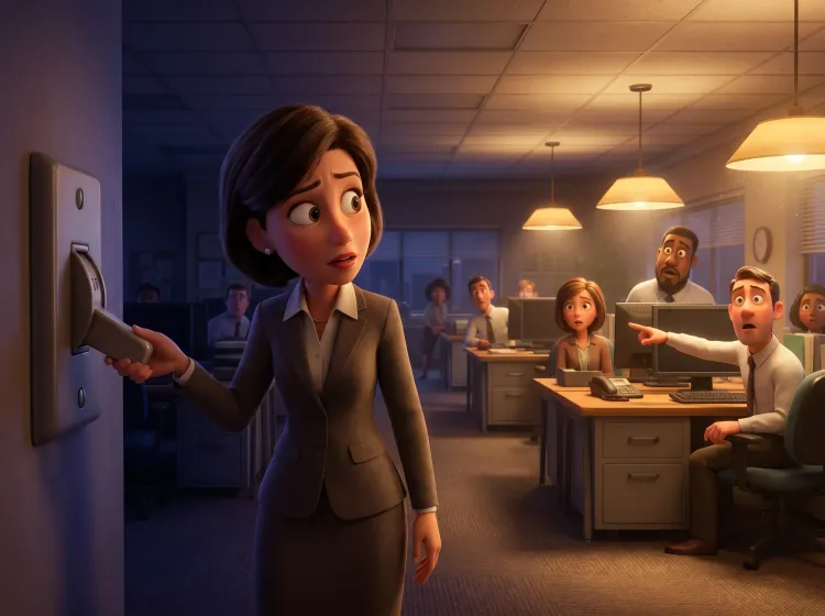 Femme éteint la lumière, bureau divisé