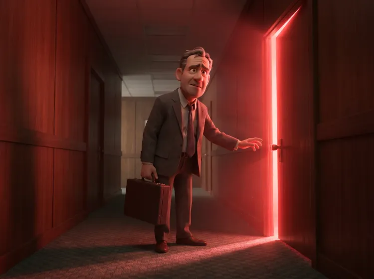 Homme hésitant face à une porte rouge lumineuse