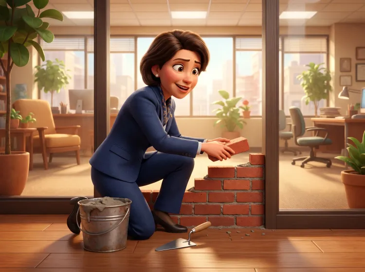 Femme bâtit un mur de briques devant un bureau.