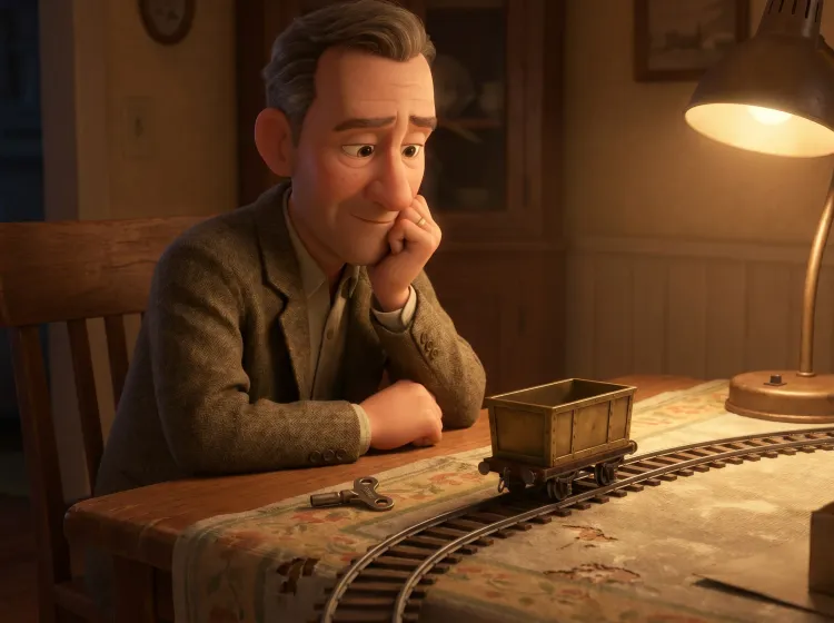 Homme et train miniature bloqué