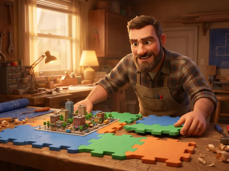 Homme construisant ville avec pièces de puzzle