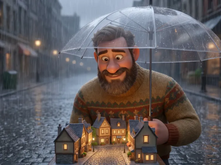 Homme, parapluie protégeant ville de la pluie