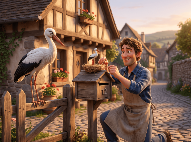 Artisan installe nid cigogne, vraie cigogne sceptique