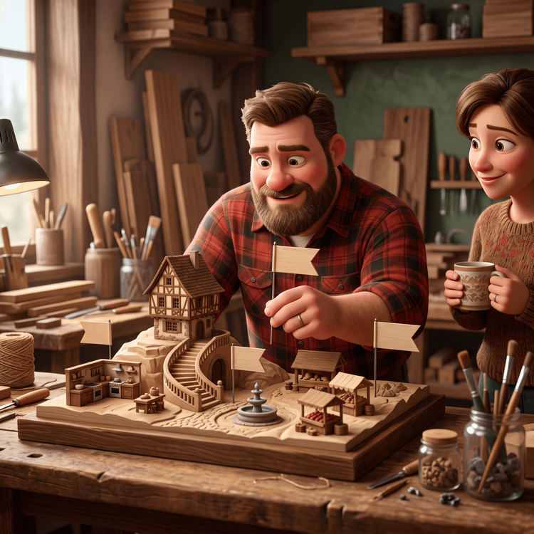 Menuisier plantant des drapeaux sur une maquette de villages
