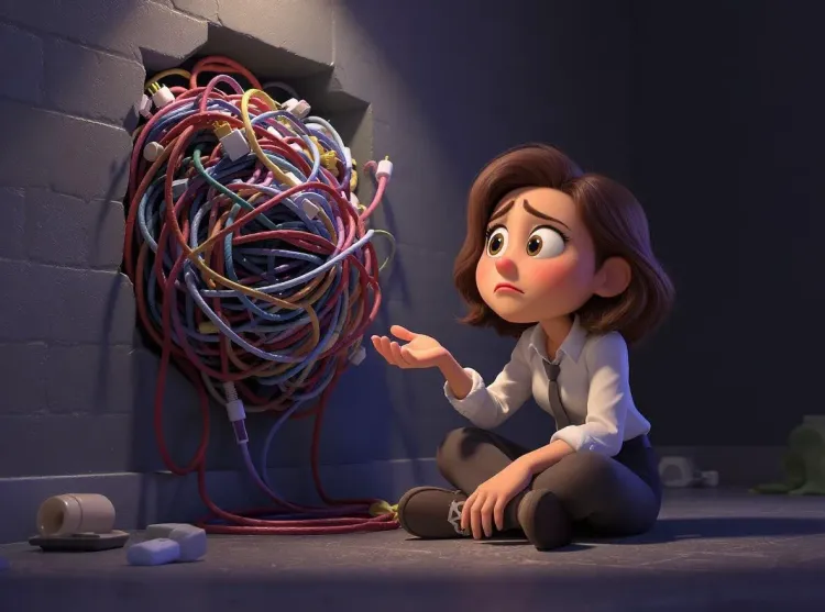 Une entrepreneuse, avec une expression de pure frustration, est assise par terre devant un mur d'où sort une énorme et inextricable boule de câbles multicolores.