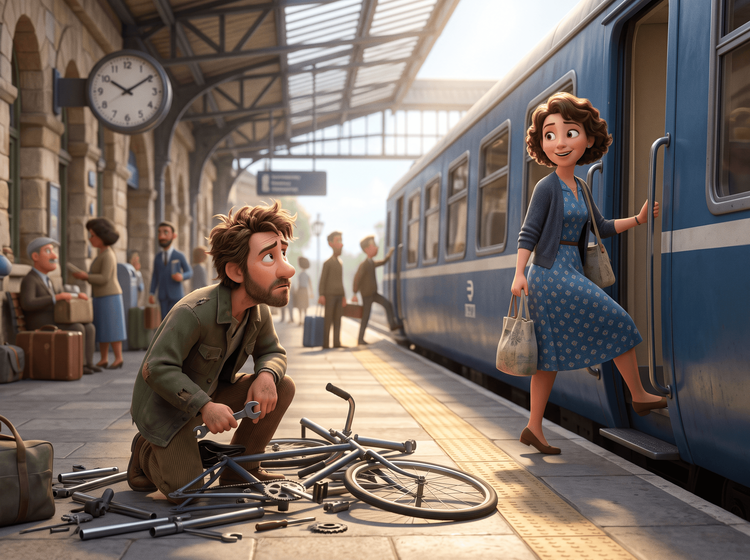 Le train part, le vélo en pièces