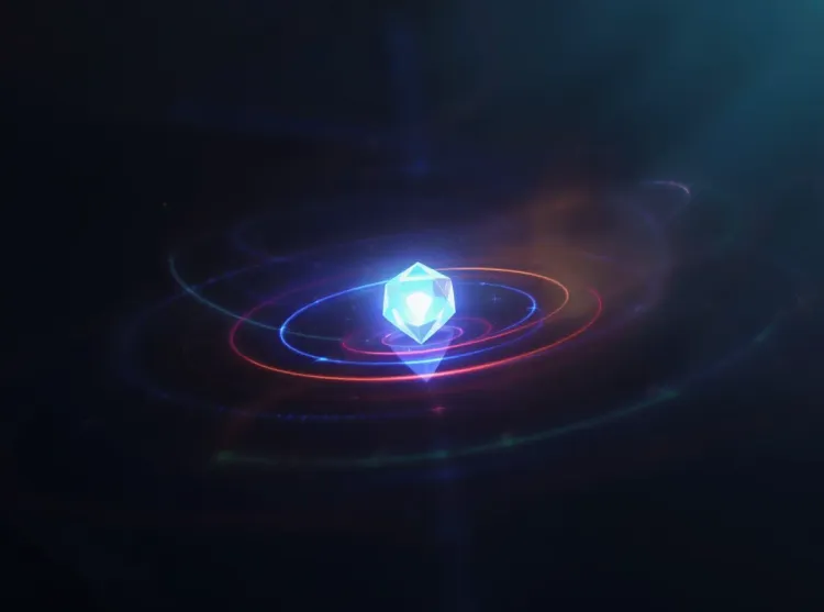 Gemme lumineuse protégée par anneaux rotatifs colorés.