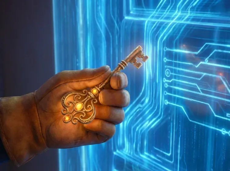 Clé dorée ancienne dévérouillant une porte numérique