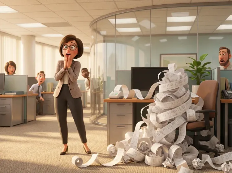 Facture interminable, femme stupéfaite au bureau