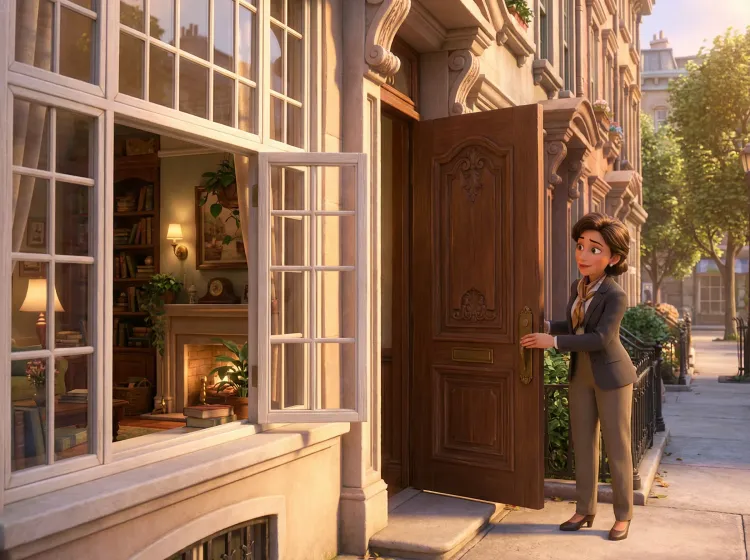 Femme fermant la porte de sa maison, fenêtre ouverte