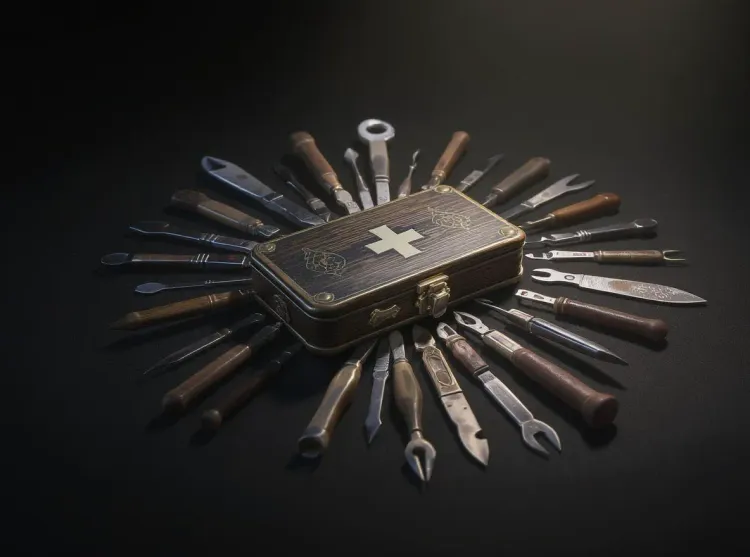 Couteau suisse ancien, outils déployés usés