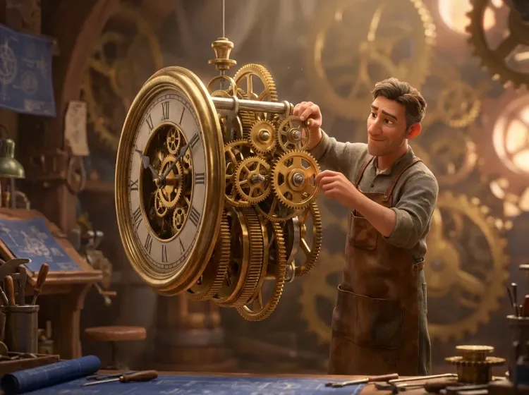 Mécanicien ajustant horloge complexe et brillante