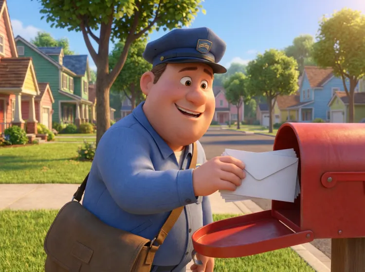 Facteur souriant distribue courrier boîte aux lettres.