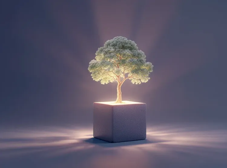 Jeune pousse lumineuse sur bloc géométrique