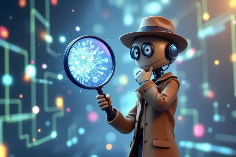 Robot détective examine faille technique.