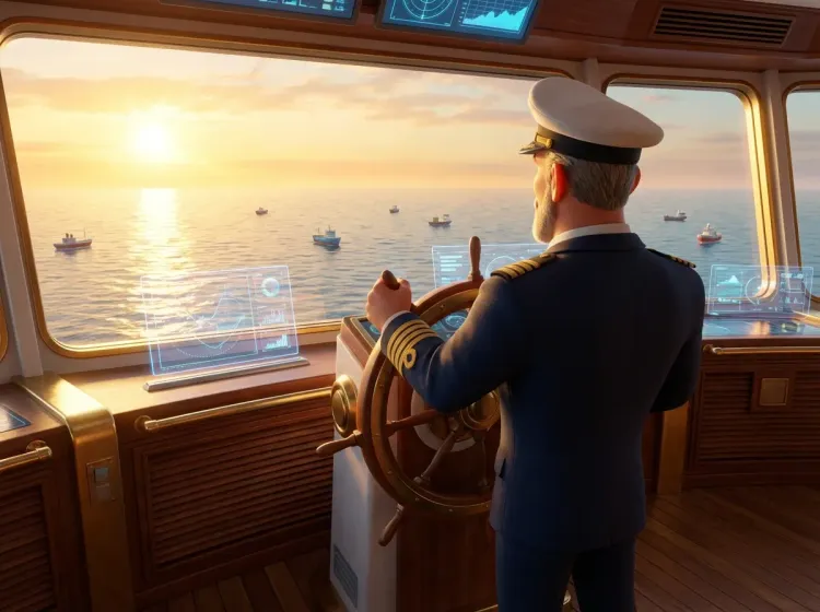 Capitaine et barre, mer calme au coucher du soleil