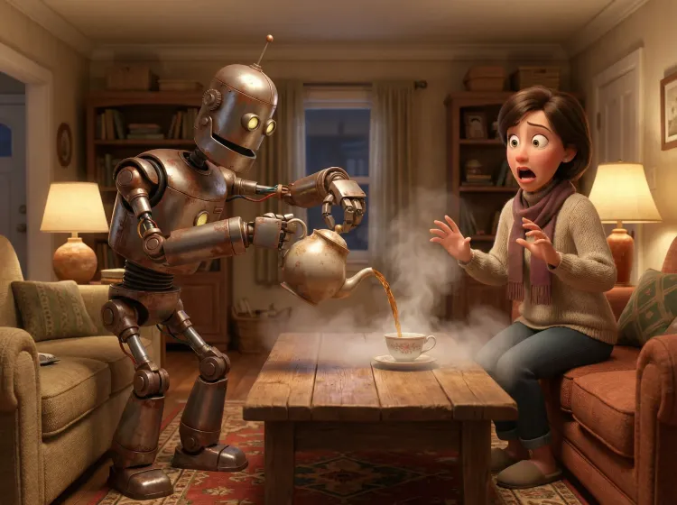 Robot maladroit verse le thé à côté de la tasse