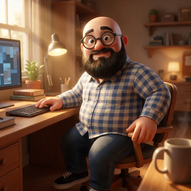 Sébastien version 3D a son bureau qui regare la caméra