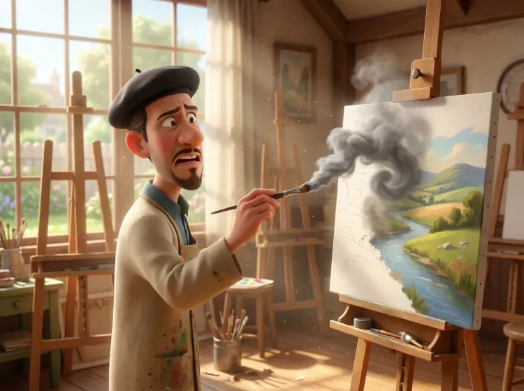 Artiste qui obscurcit son œuvre au pinceau fumant