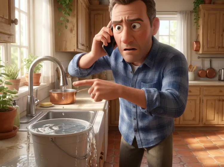 Homme frustré par robinet qui fuit