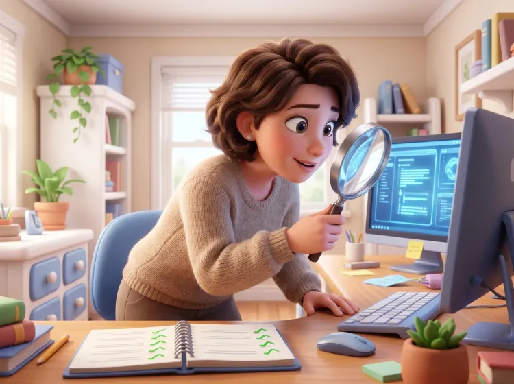 Femme inspectant écran, loupe à la main