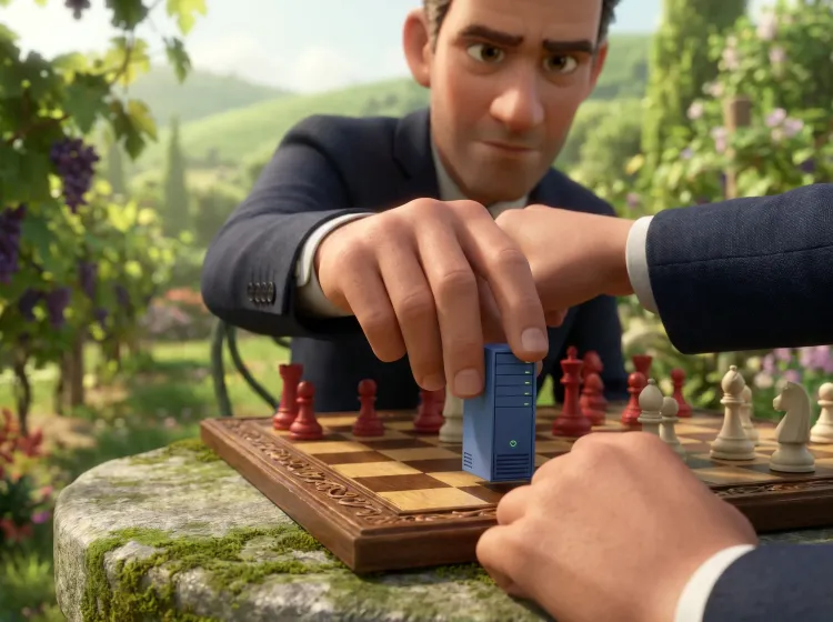 Partie d'échecs tech: homme déplace un serveur bleu