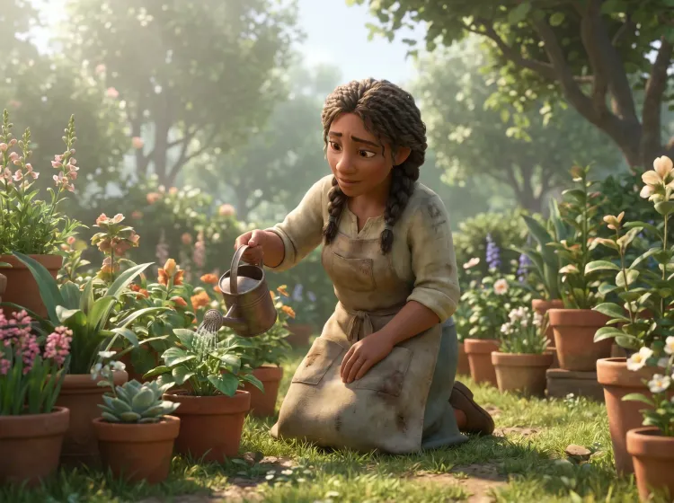 Femme arrosant des plantes en pots au jardin